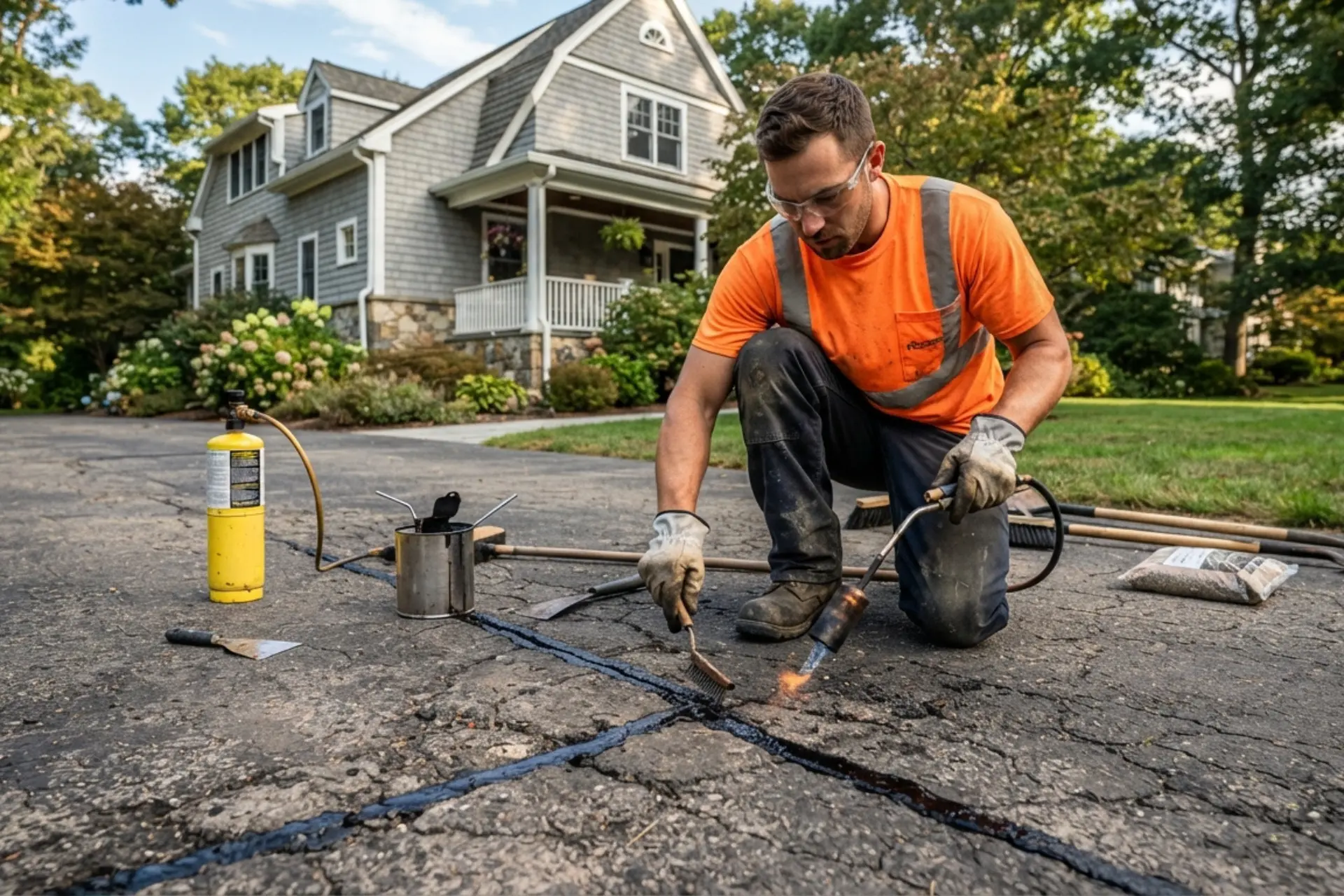 Paving contractor repairing cracks in an asphalt driveway in Dedham Massachusetts