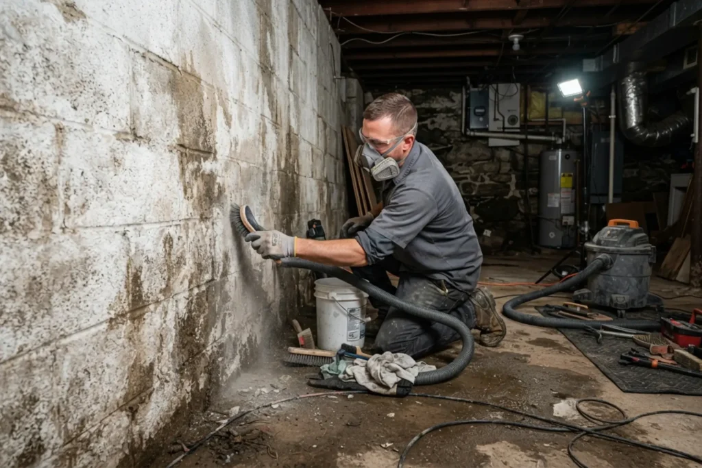 White efflorescence deposits on a damp concrete basement wall in a Boston home
