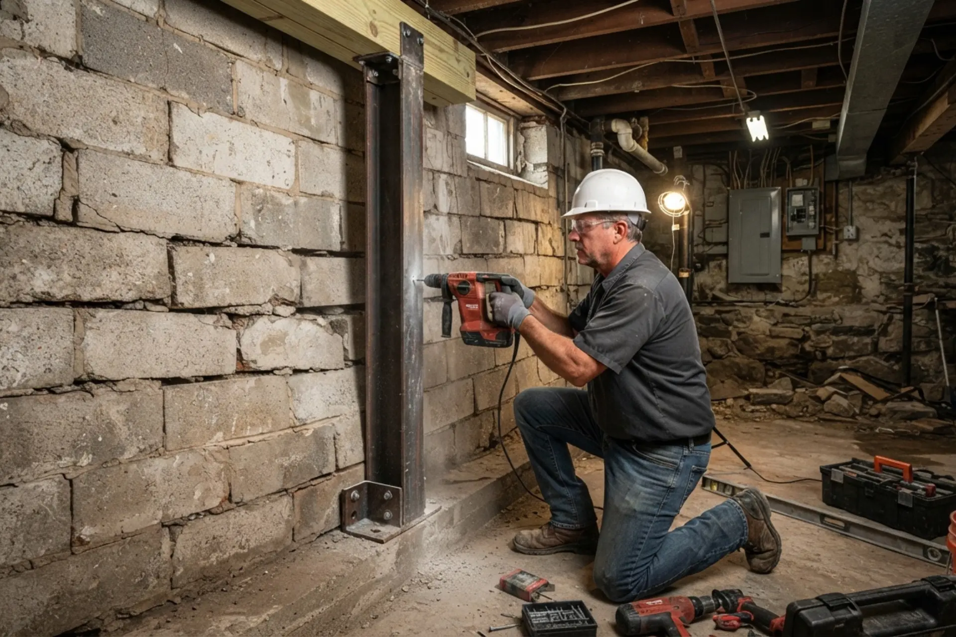 Foundation contractor inspecting a bowed and cracked basement wall in a Boston home