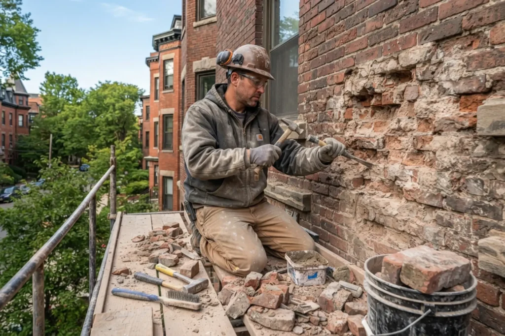 Masonry contractor replacing spalled red bricks on a Brookline Massachusetts home