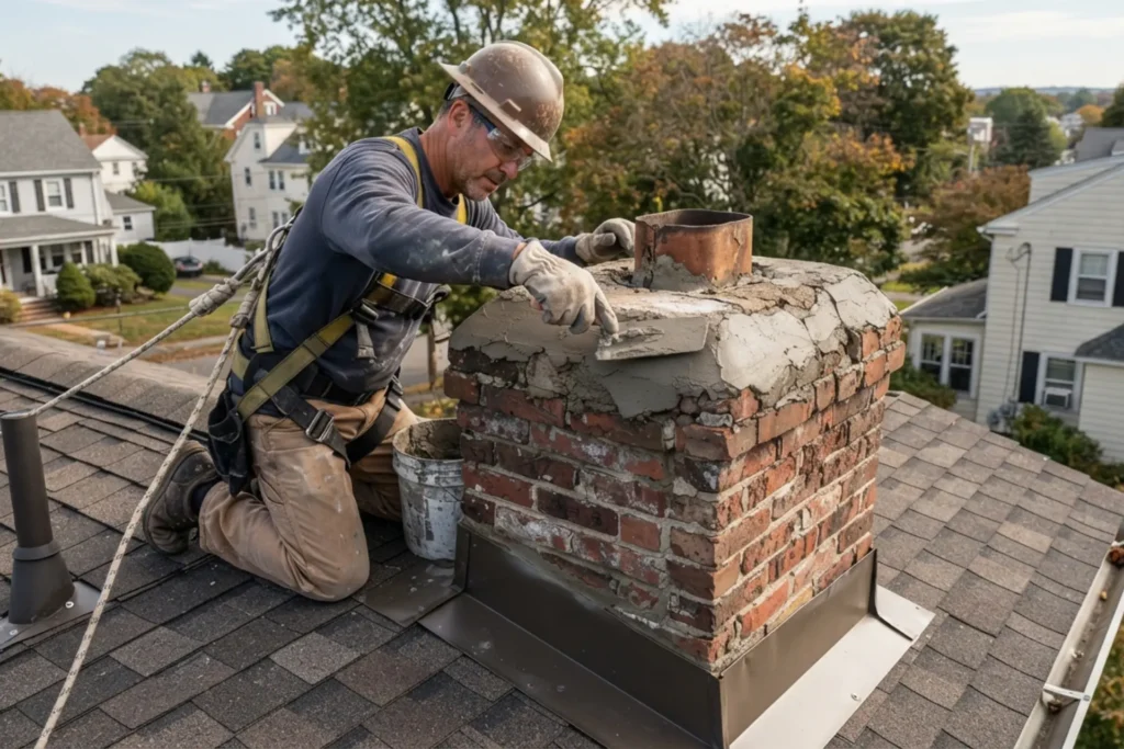 Contractor inspecting a cracked chimney crown and damaged roof flashing on a Boston home