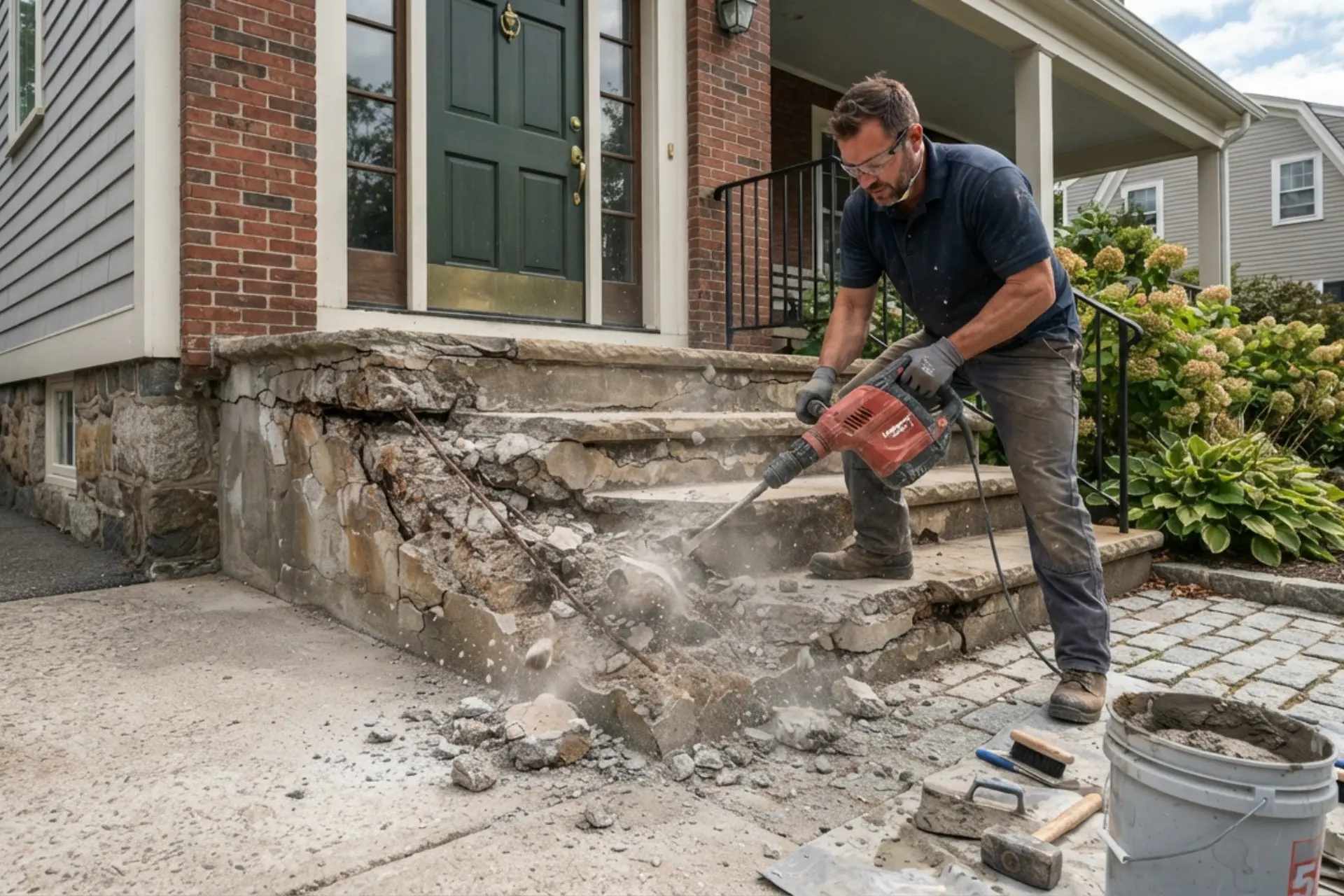 Contractor repairing cracked and spalling concrete front steps at a West Roxbury home