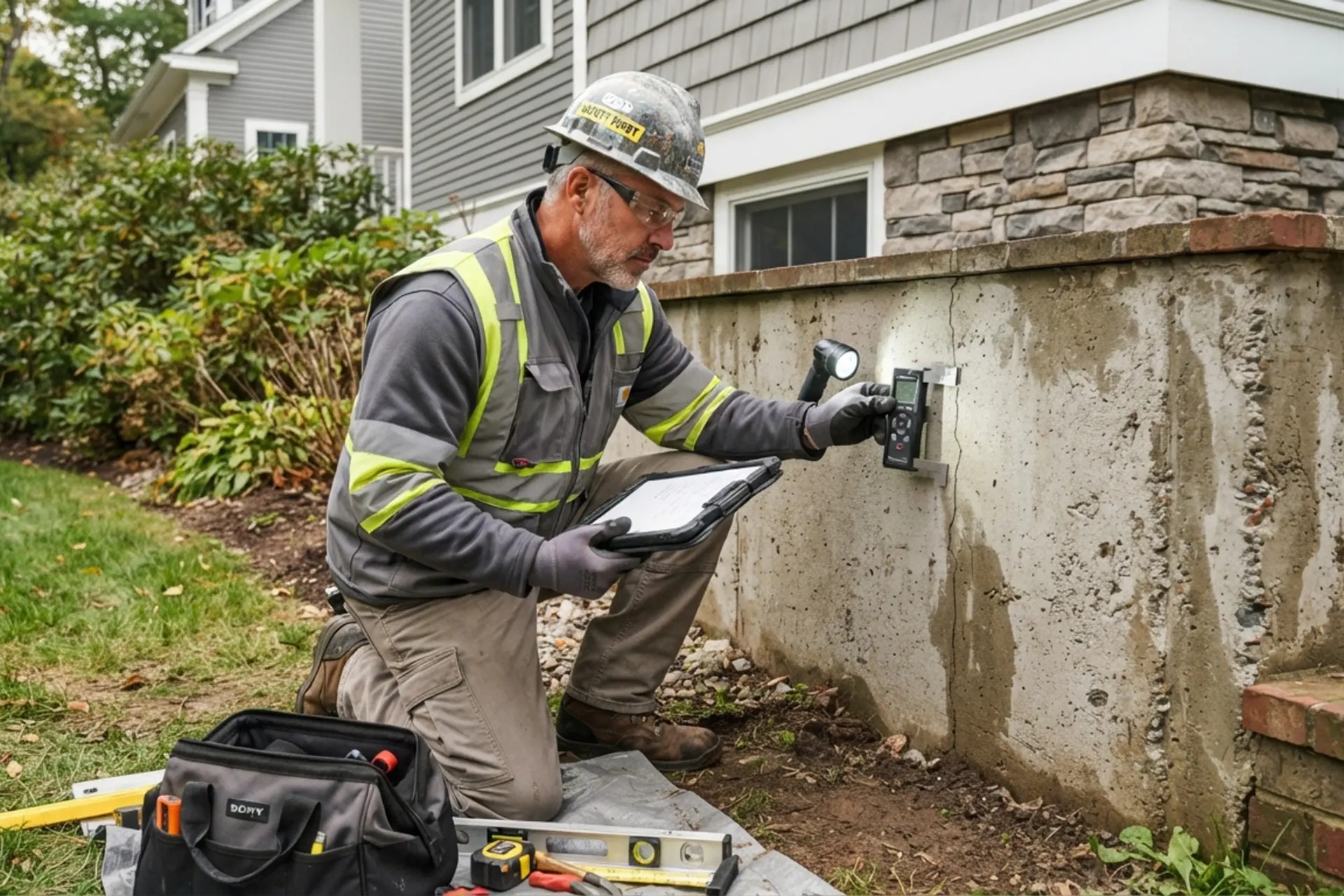 Foundation contractor inspecting a basement wall crack in a Canton Massachusetts home