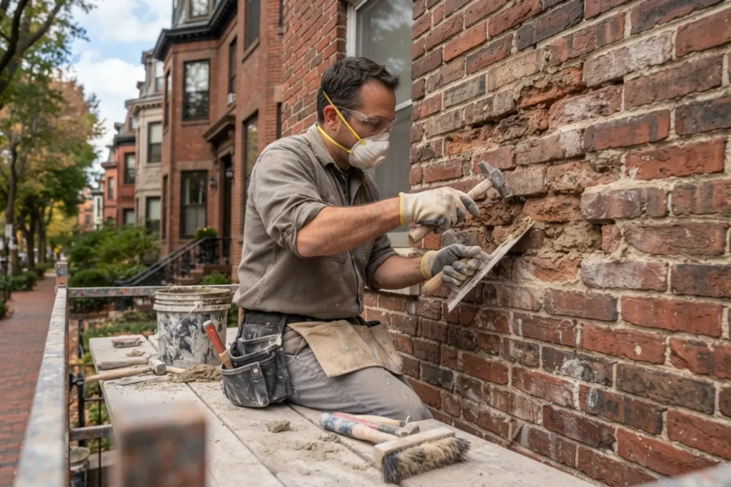 Masonry contractor repointing mortar joints on a historic brick home in Cambridge MA
