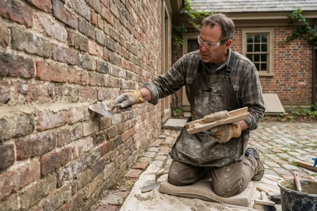 Historic red brick wall showing soft lime mortar beside a hard Portland cement repair in Boston