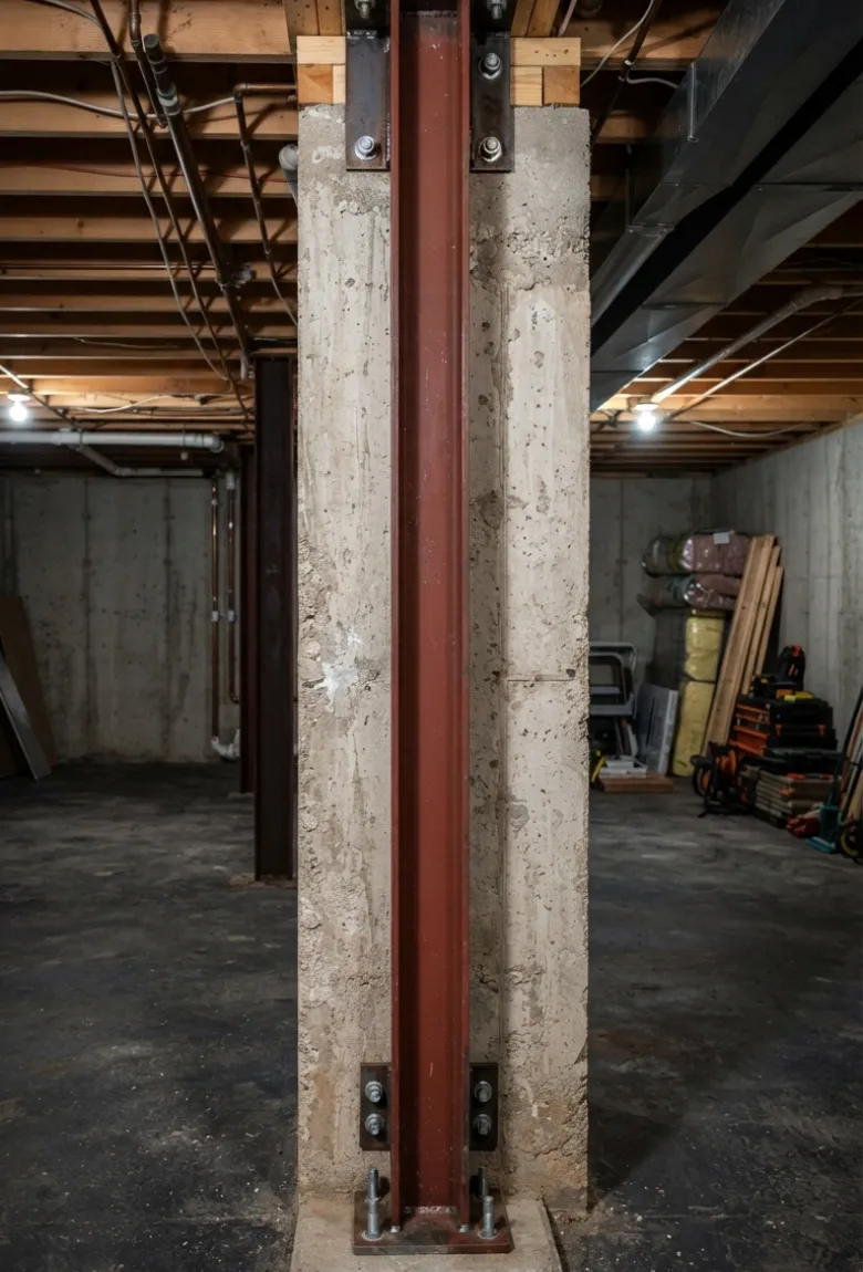 Foundation Wall Reinforcement System inside a Canton, Massachusetts basement by IFix Masonry & Home Improvements