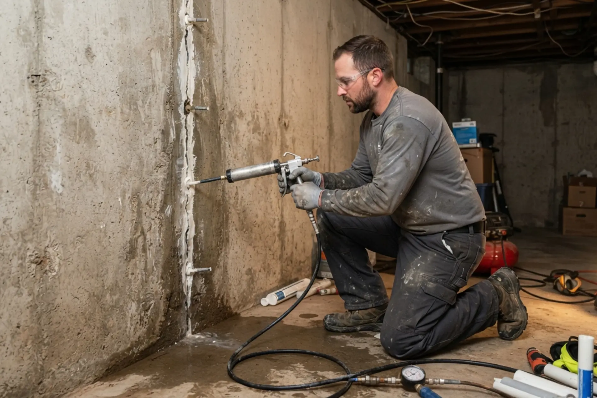 Contractor repairing a vertical crack in a poured concrete basement foundation wall