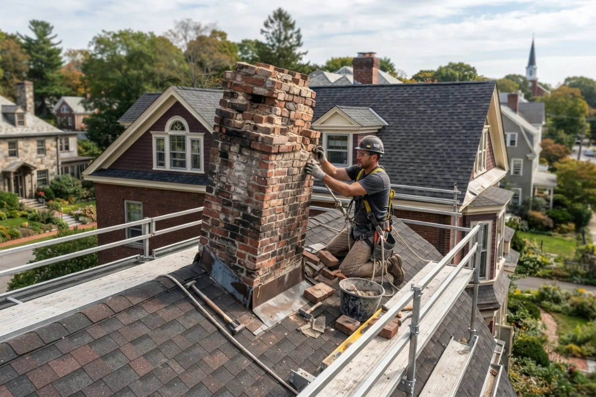 Masonry contractor inspecting a leaning brick chimney separating from a Newton home