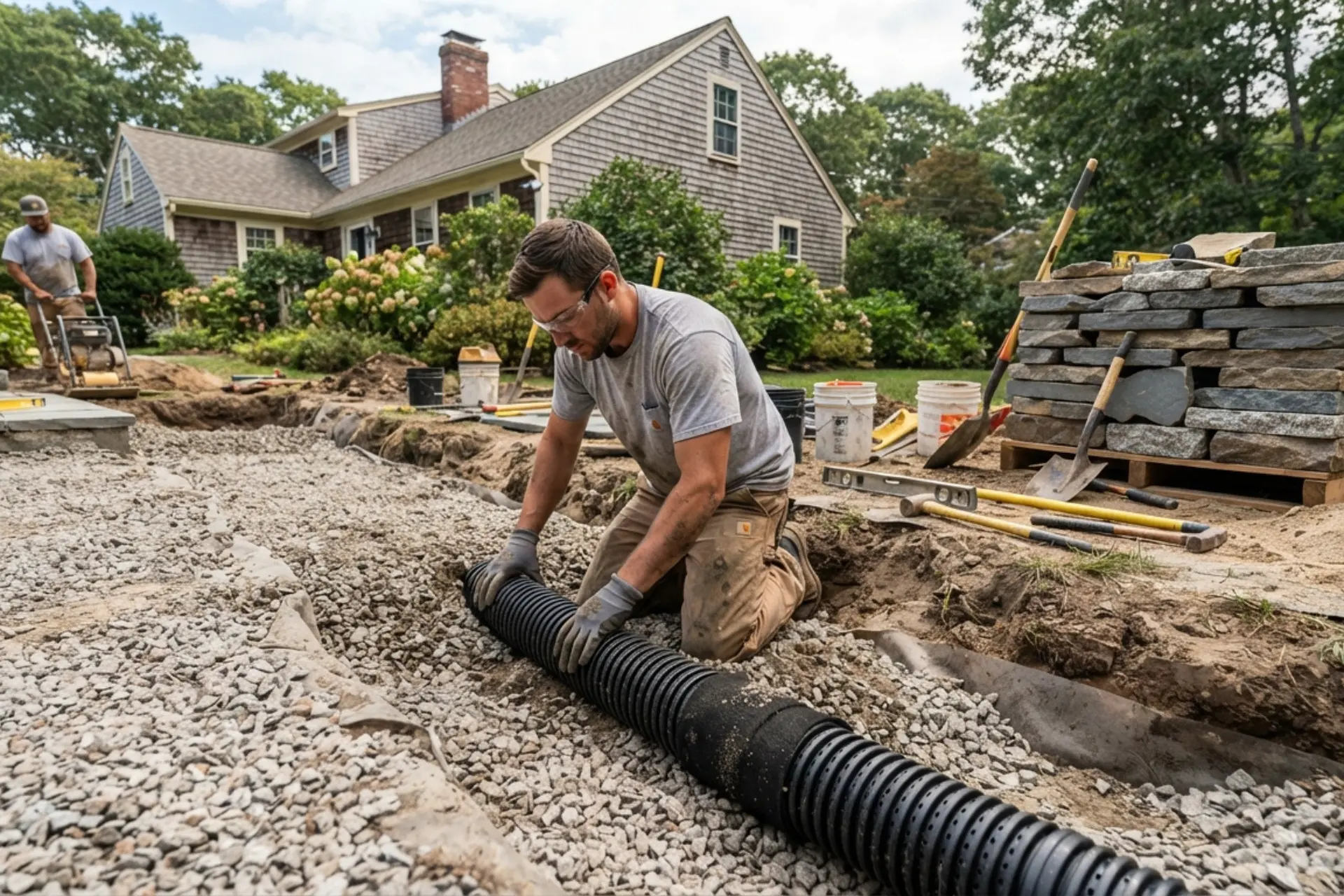 Properly graded paver patio directing rainwater away from a Canton MA home