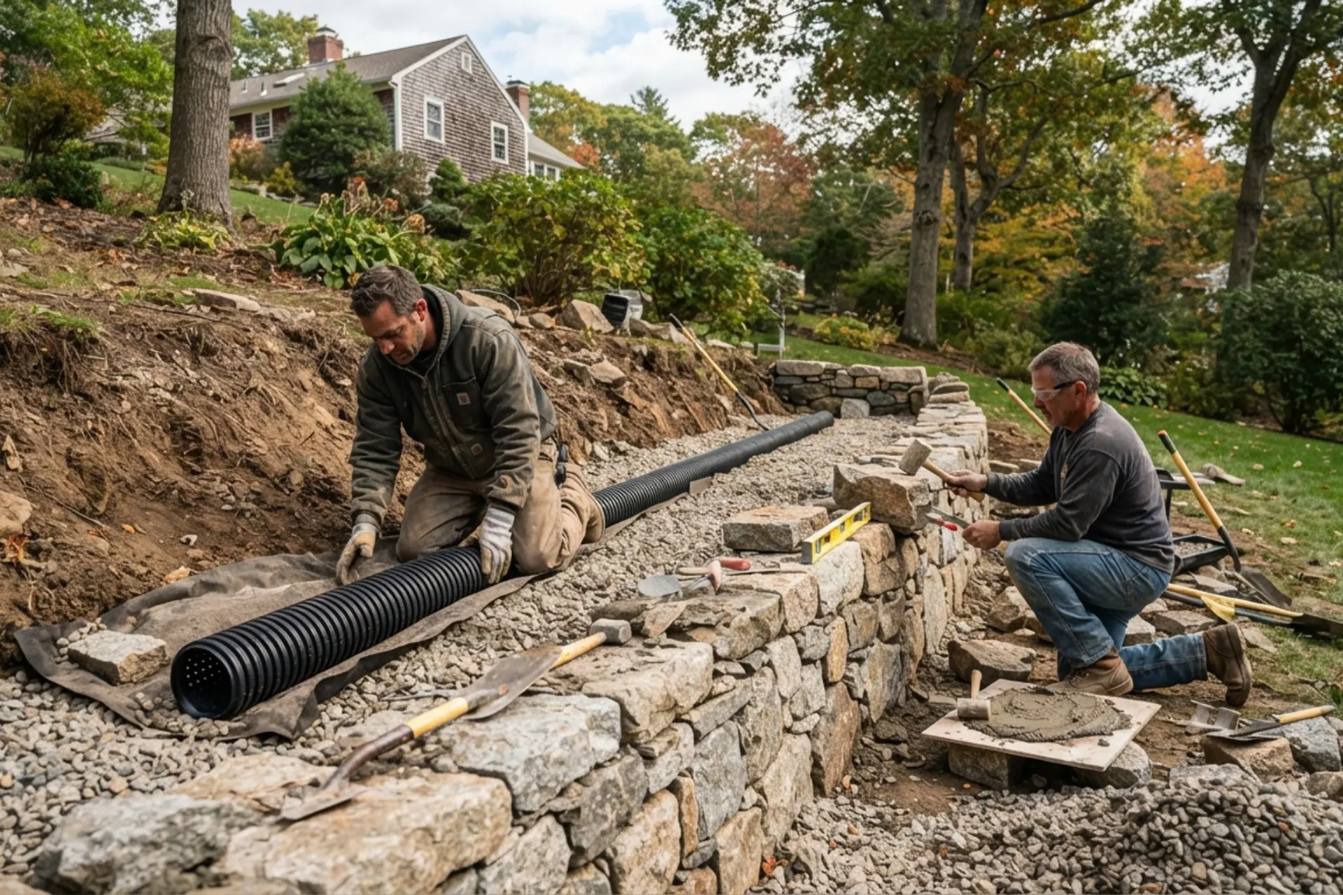 Contractor installing gravel and drainage pipe behind a stone retaining wall in Newton MA