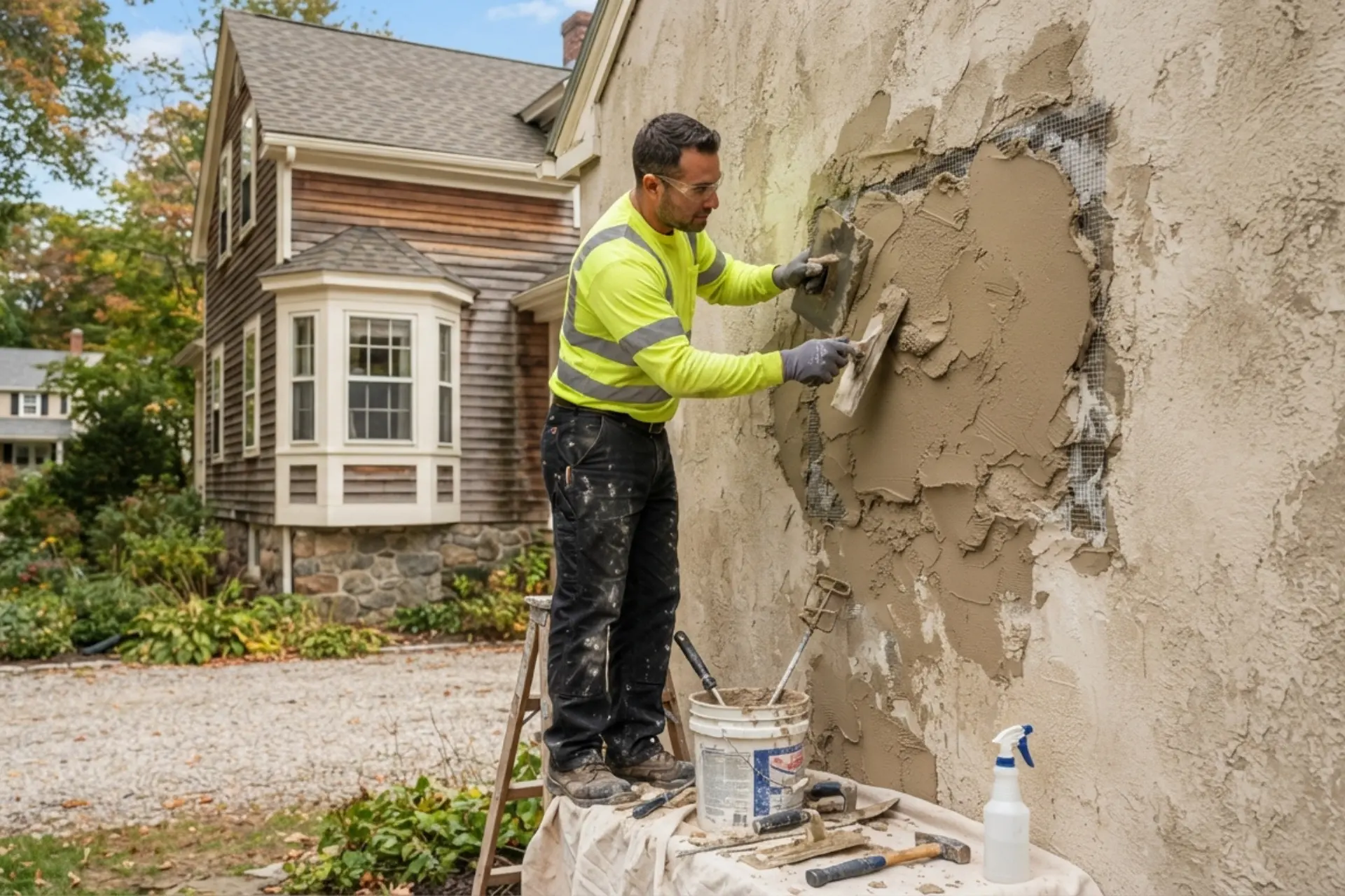 Mason repairing cracks in an exterior stucco wall on a Boston home